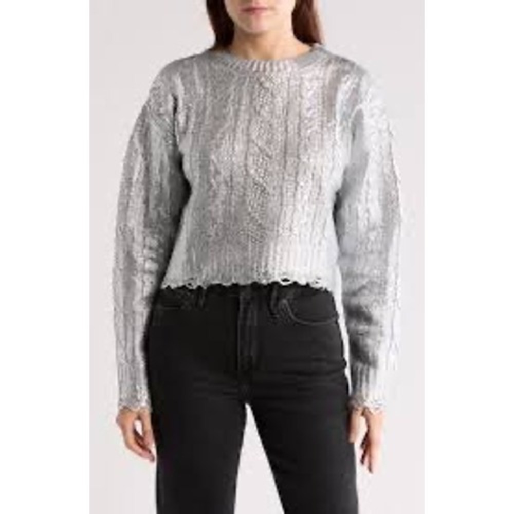 Vigoss Womens Silver Metallic Cable Knit Cropped Distressed Sweater‎ Large NEW